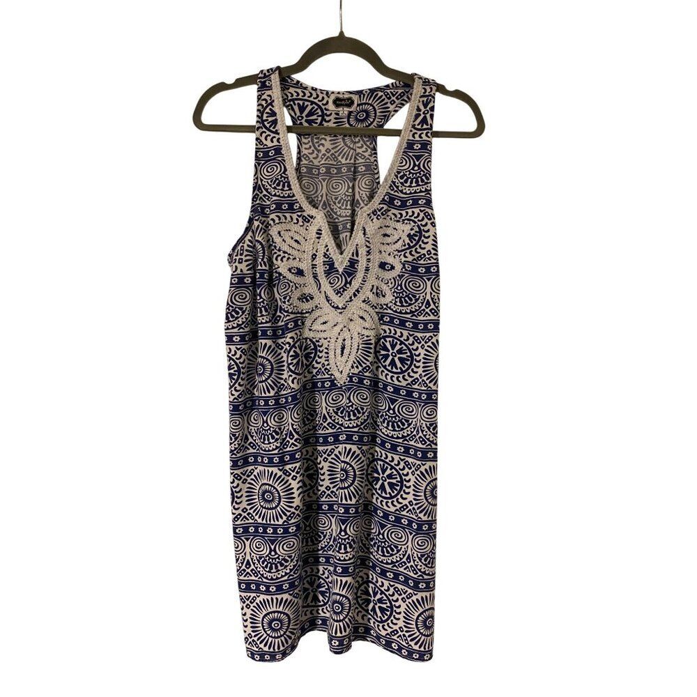 Mudpie Blue & White Sleeveless Tunic Dress Crochet Detail Size L 12-14 Boho Art